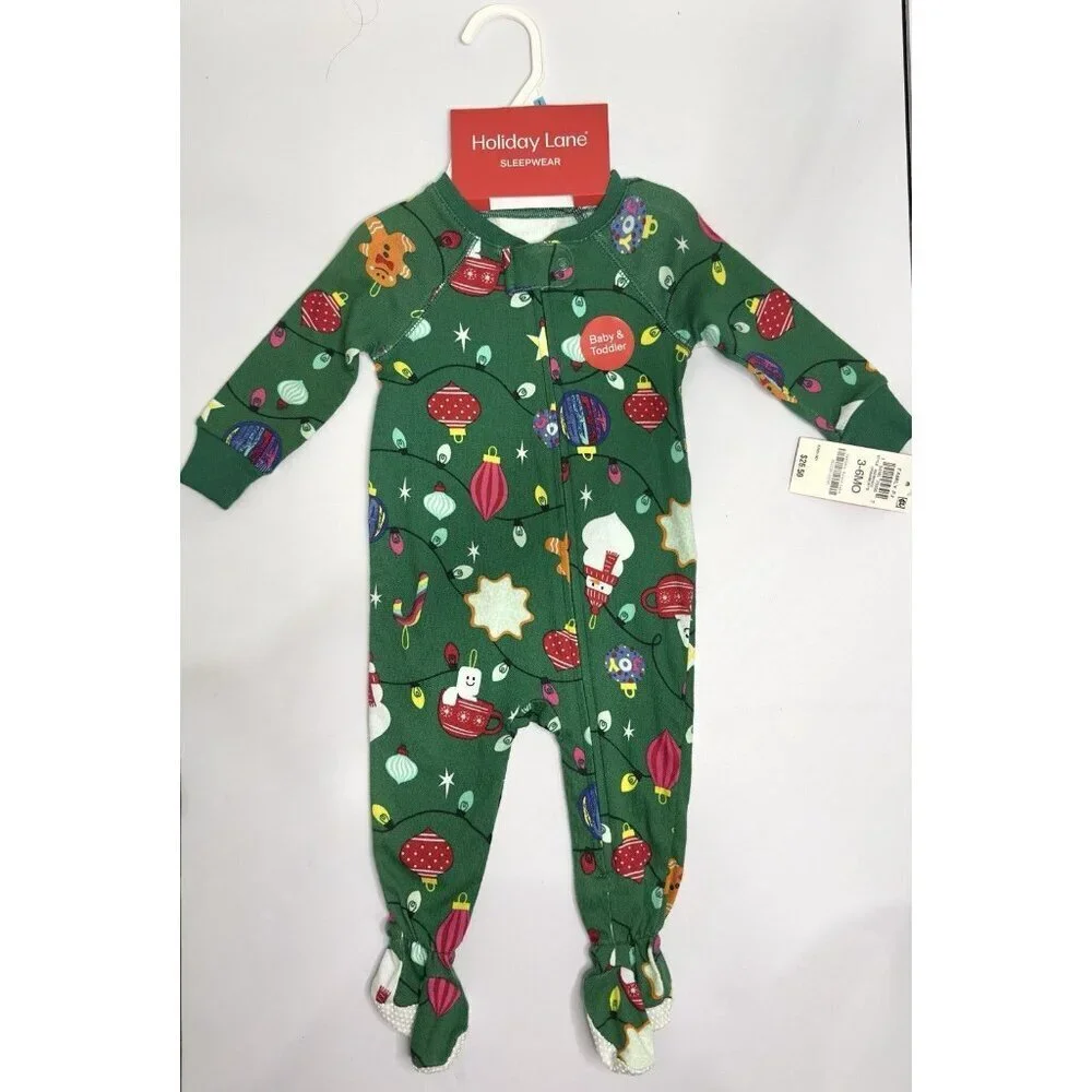 Holiday Lane Baby Christmas Footed Sleeper 3–6M Green Lights Ornaments Cotton